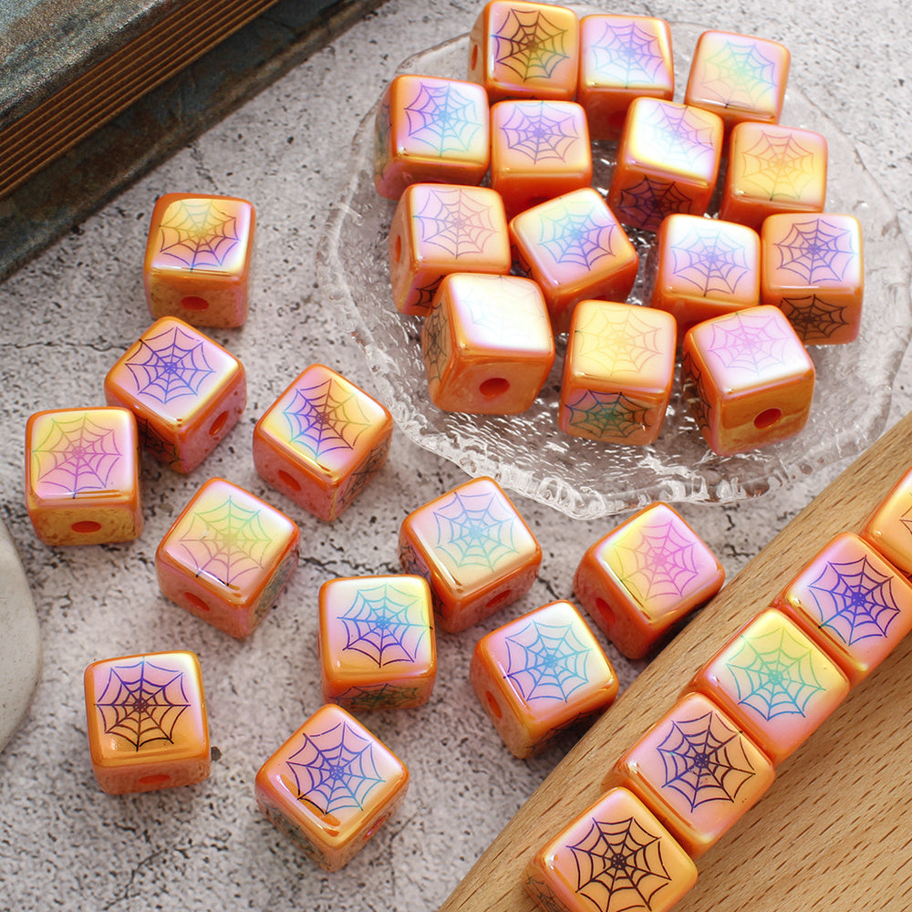 Orange Acrylic Cube Beads with Spider Web Print