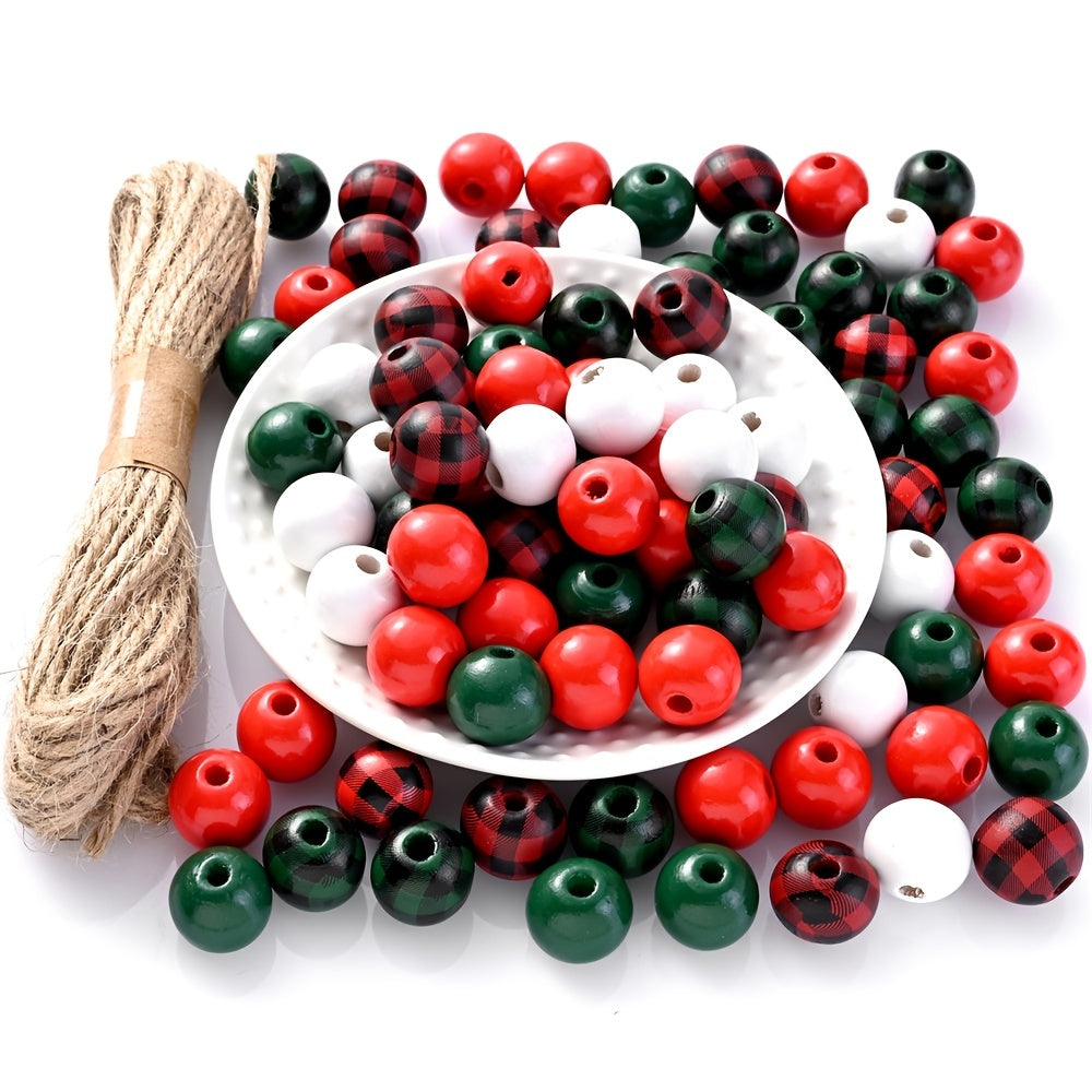 100pcs Christmas Green & Red Round Wooden Beads