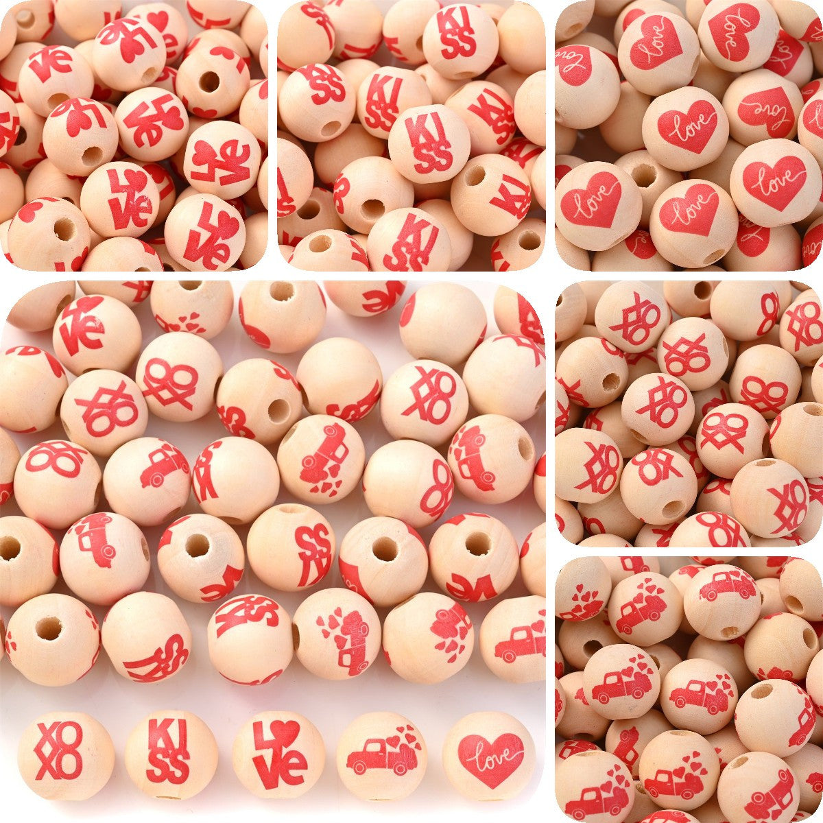 10pcs 16mm Valentine's Day Love Printed Wooden Beads