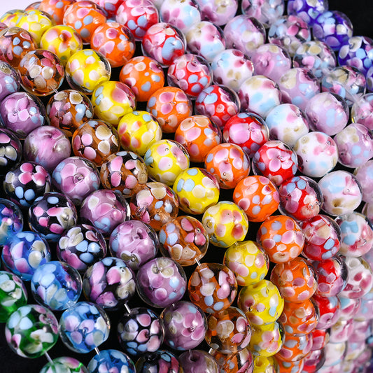 Colorful Petal Print Glass Spacer Beads