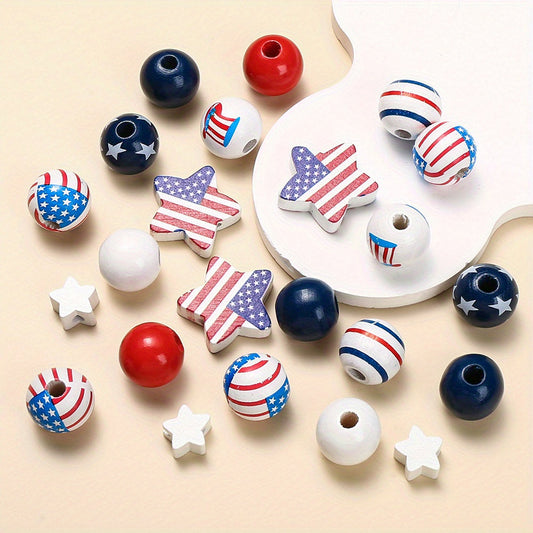 60pcs Patriotic Wood Beads