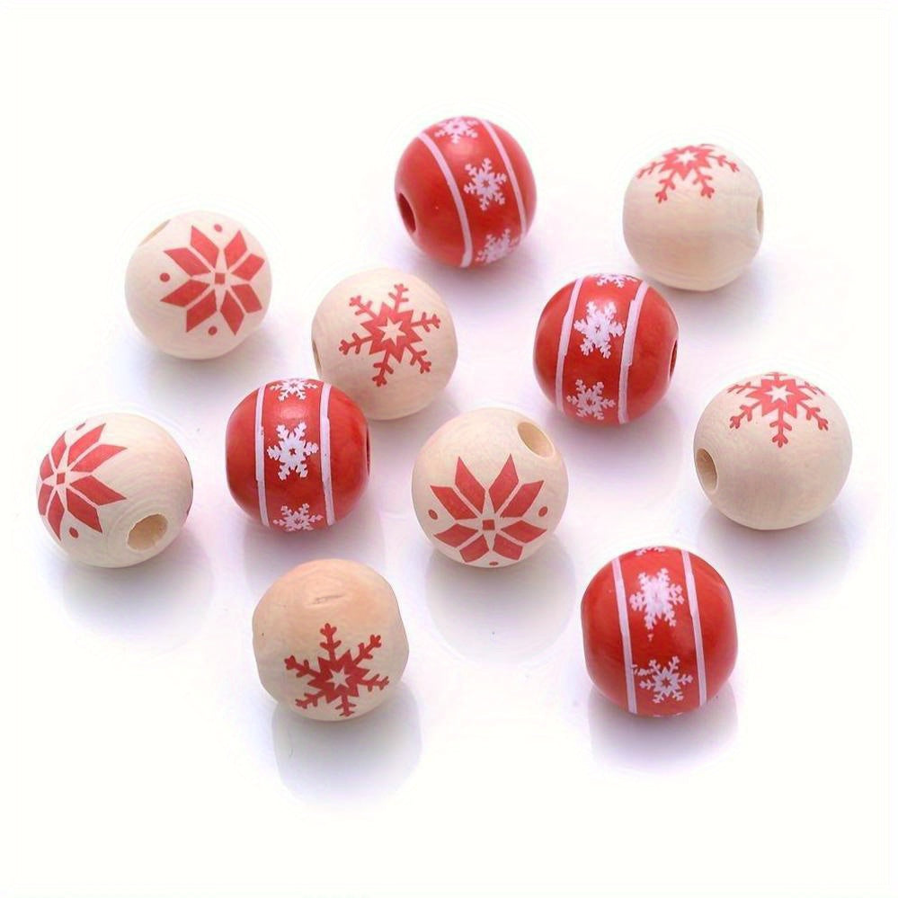 10PCS 15mm Red Snowflake Pattern Wooden Bead Set