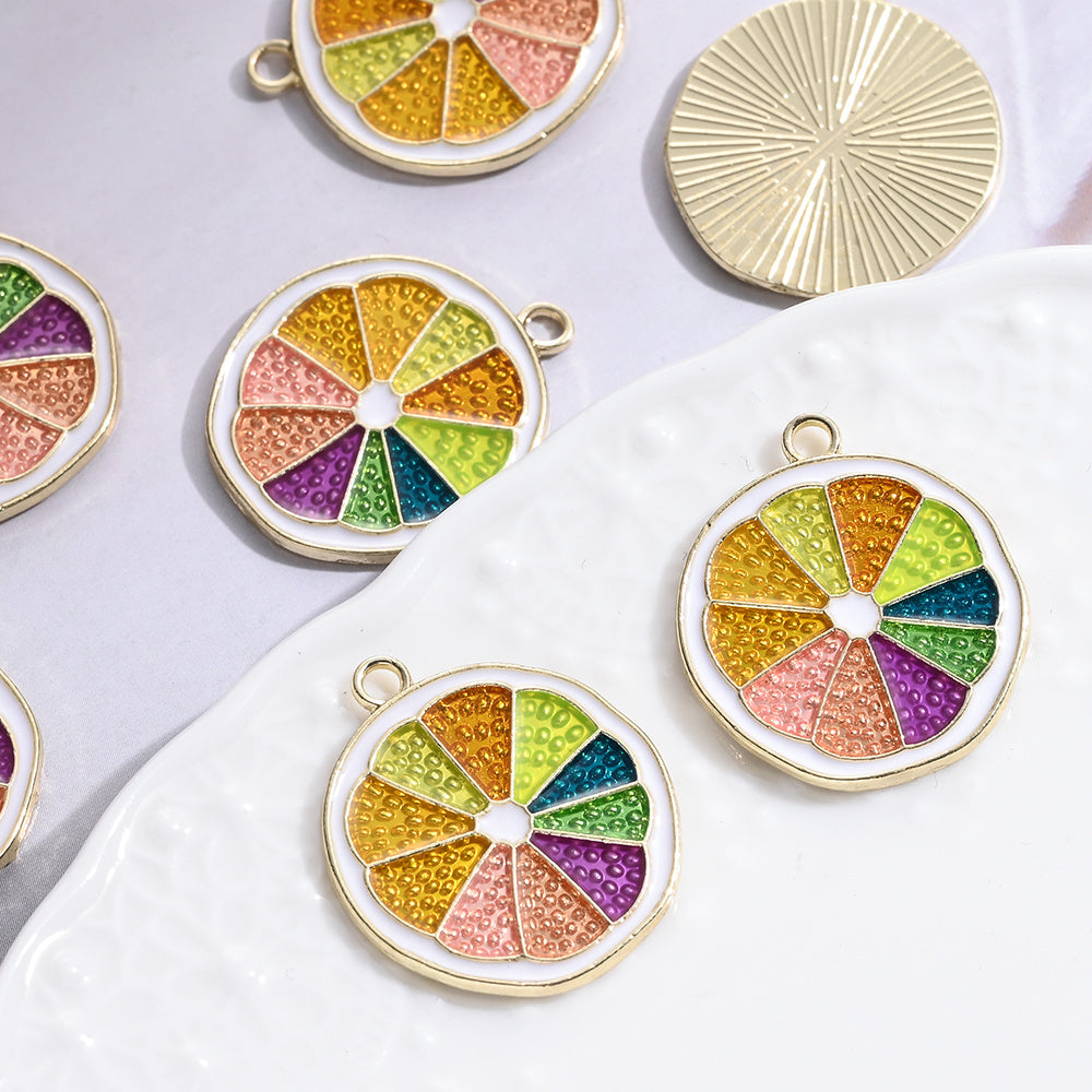 10PCS 20×23mm Rainbow Citrus Slice Alloy Pendant Set