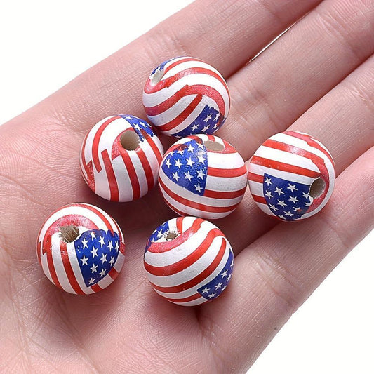10PCS 16mm American Flag Round Wooden Bead Set
