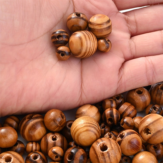 20–100PCS 8/10/12/14/16mm Brown Striped Pine Wood Beads