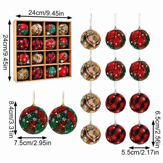 9/16-Piece Vintage Plaid Glitter Christmas Bauble Set