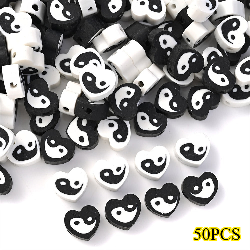 50pcs 8x9mm Black and White Heart Polymer Clay Beads
