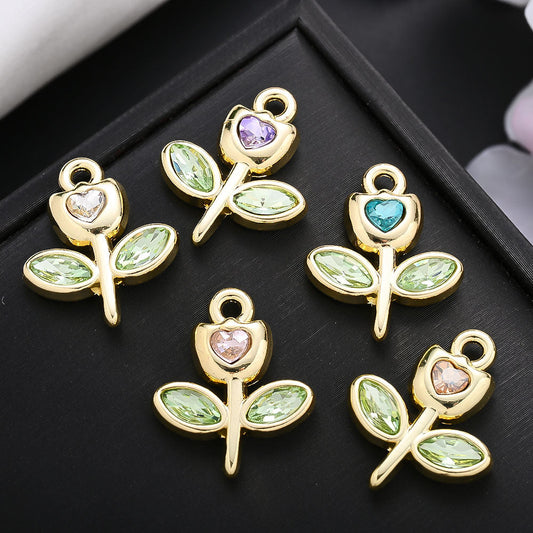 Rhinestone Heart Tulip Leaf Alloy Charms