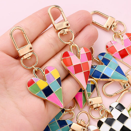 Colorful Checkerboard Heart Enamel Pendant Charms