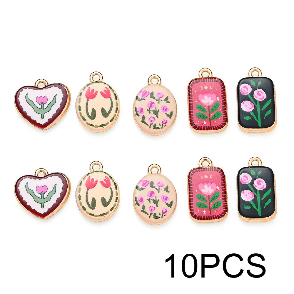 Vintage Oil Painting Heart Flower Pendant Charms