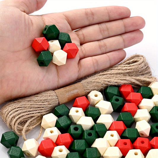 100pcs Christmas Wooden Octagonal Beads with String