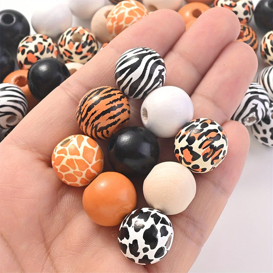 10PCS 16mm Animal Print Round Wooden Bead Set