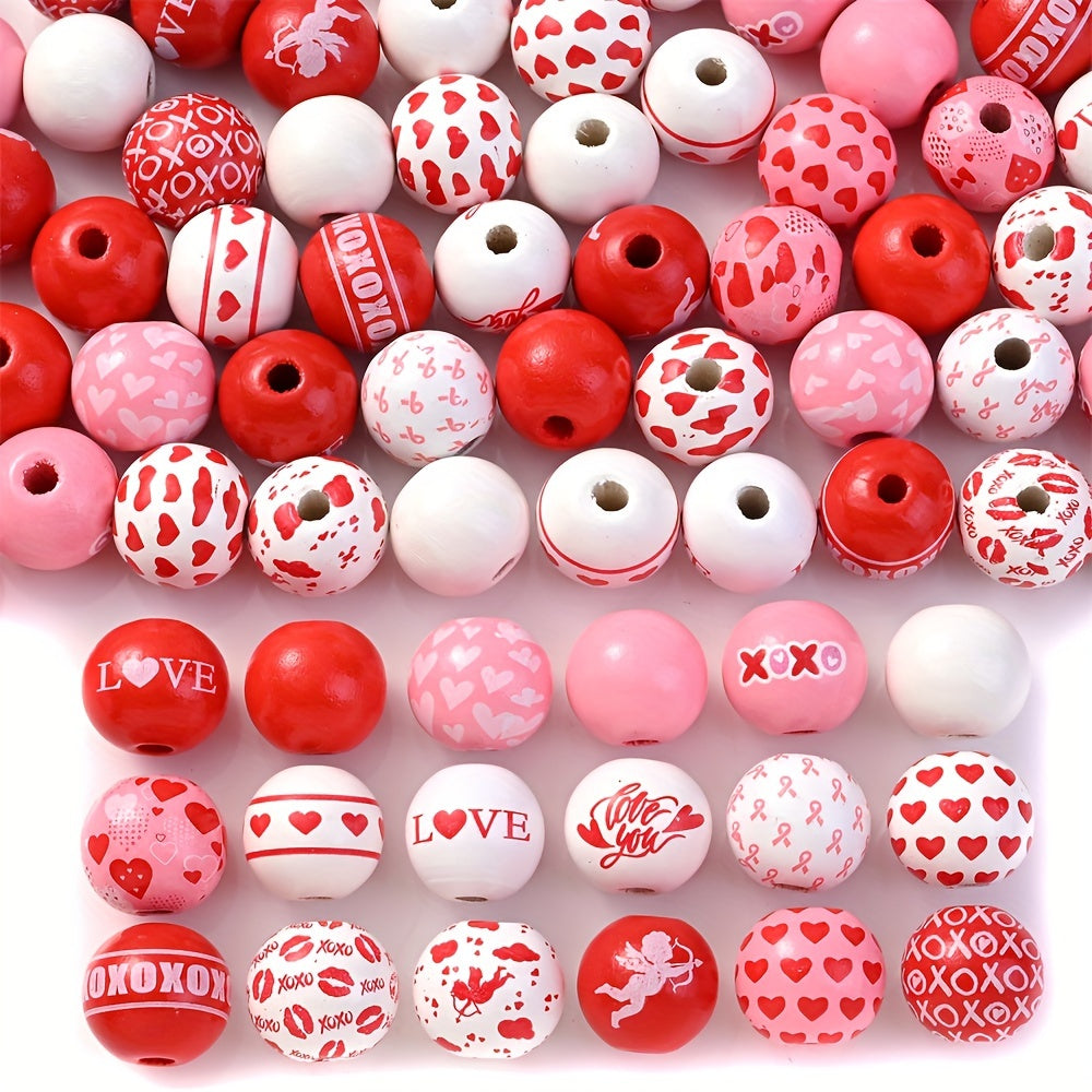 10pcs Pink Love Pattern Wooden Beads
