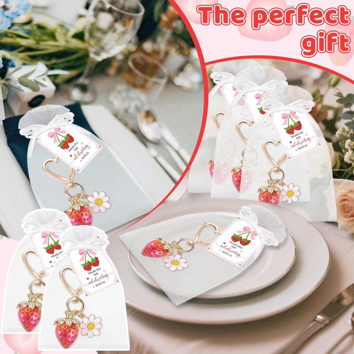 15PCS Red Strawberry Keychain Gift Set with Thank You Cards & Organza Bags