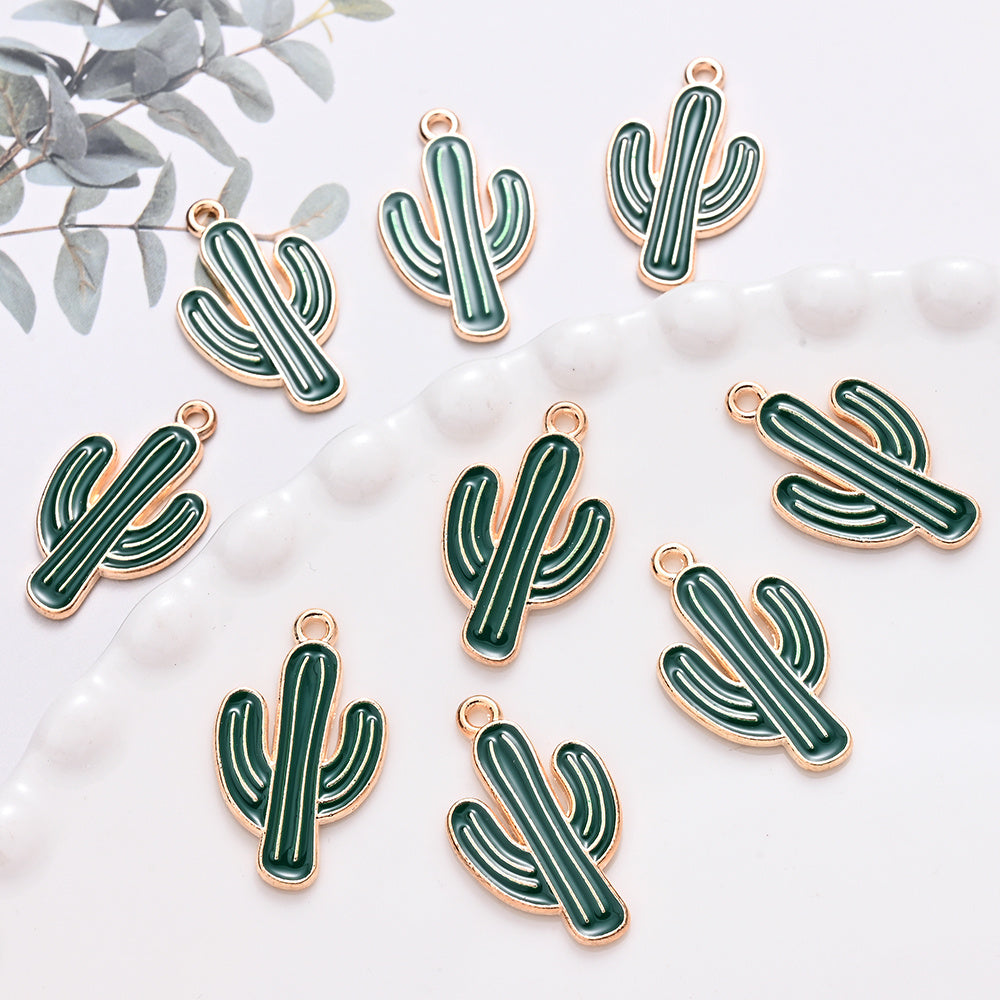 10pcs 15x26mm Green & Golden Cactus Charms
