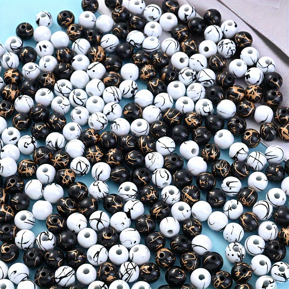 100pcs Black White Acrylic Gold Stripe Beads