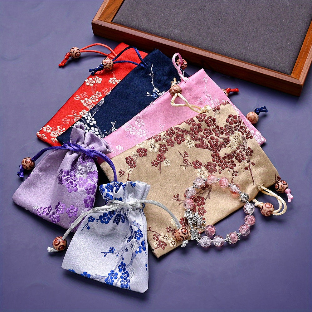 2-Piece Floral Embroidered Satin Drawstring Gift Bag Set