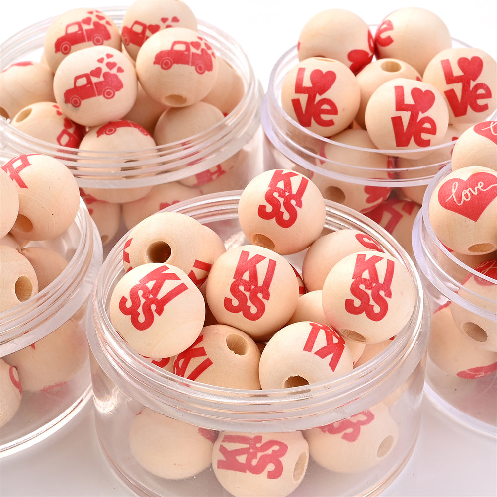 10pcs 16mm Valentine's Day Wooden Round Beads