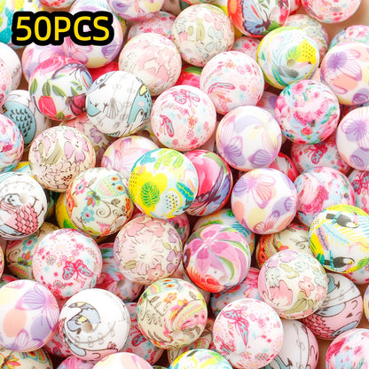 30/50pcs 15mm Floral Pattern Silicone Beads