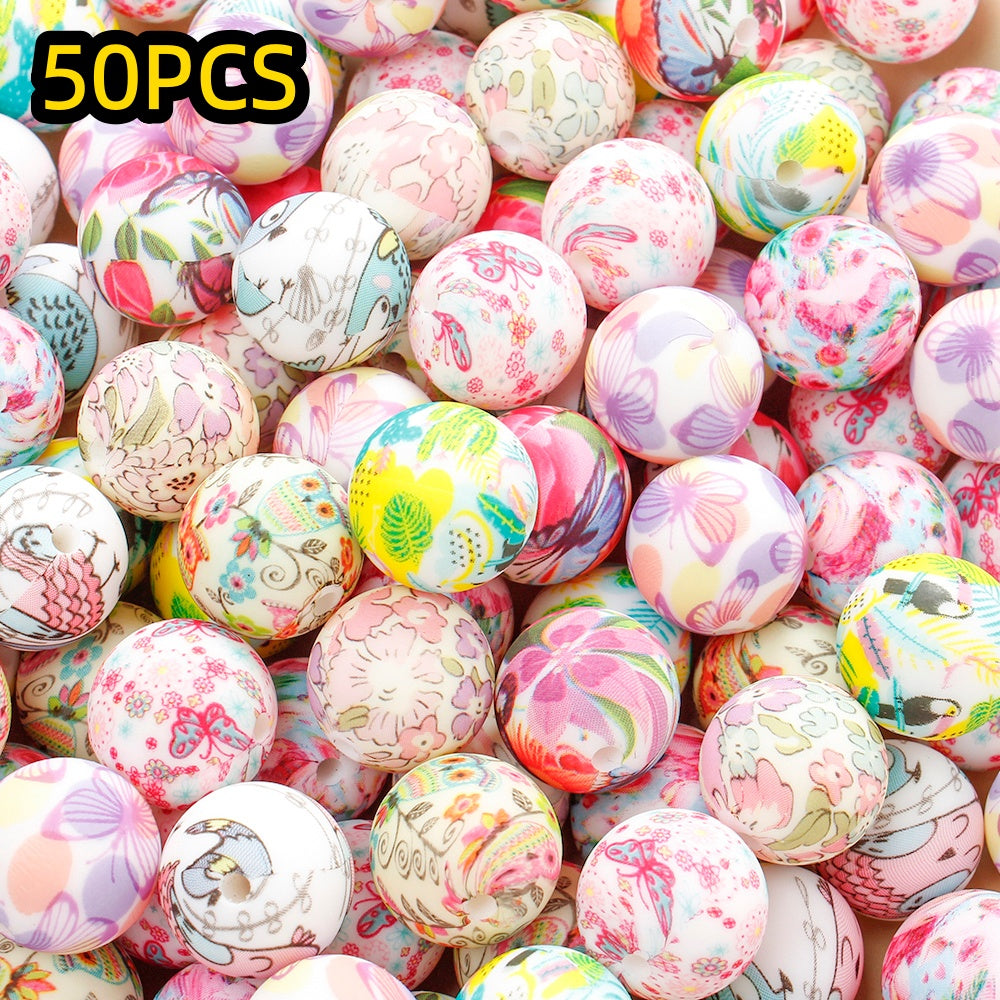 30/50pcs 15mm Floral Animal Print Silicone Beads