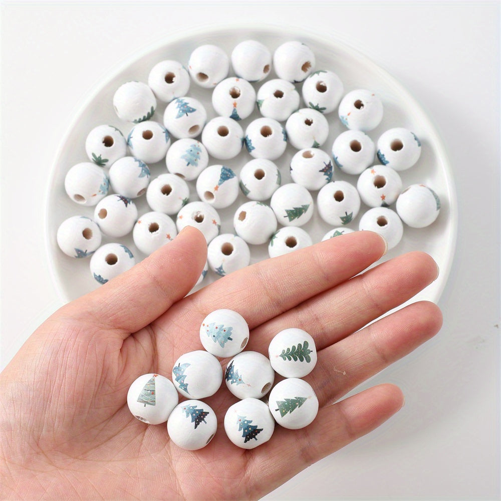 10pcs 16mm Christmas Tree Pattern Wooden Round Beads