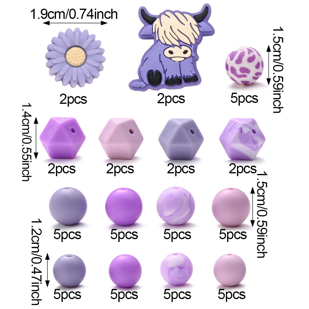 Purple Highland Cow Daisy Silicone Beads Set
