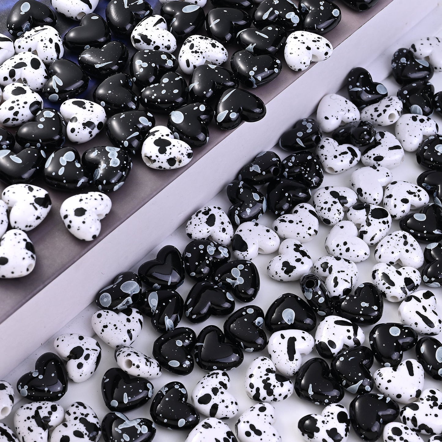 Black White Speckled Heart Acrylic Spacer Beads