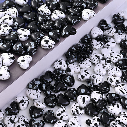 Black White Speckled Heart Acrylic Spacer Beads