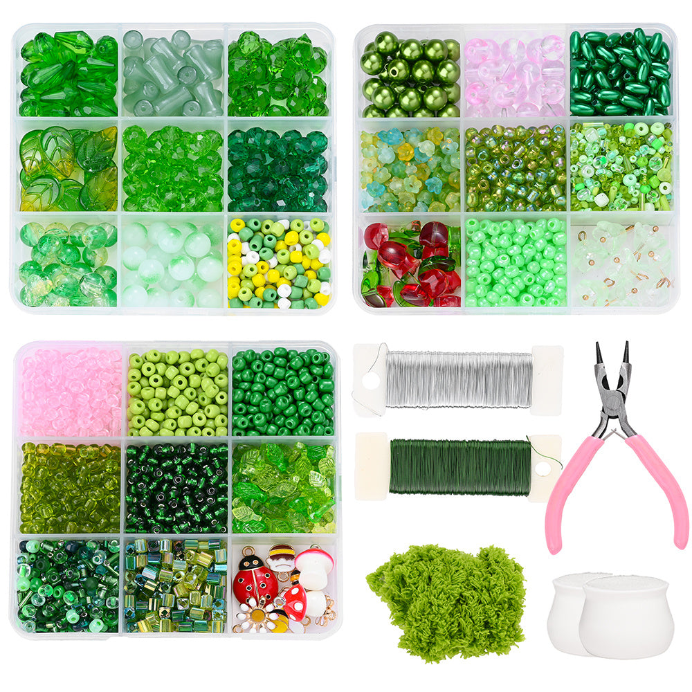 Green Plant-Themed Glass and Acrylic Bead Set