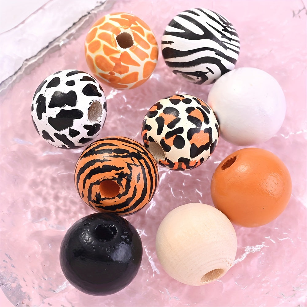 10PCS 16mm Animal Print Round Wooden Bead Set