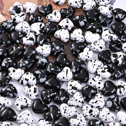 Black White Speckled Heart Acrylic Spacer Beads