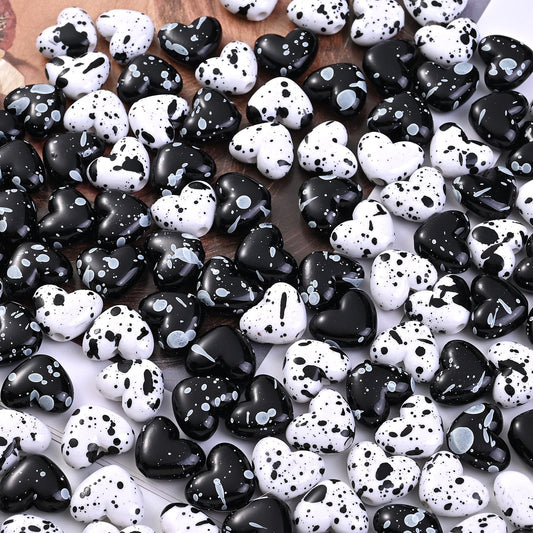 Black White Speckled Heart Acrylic Spacer Beads