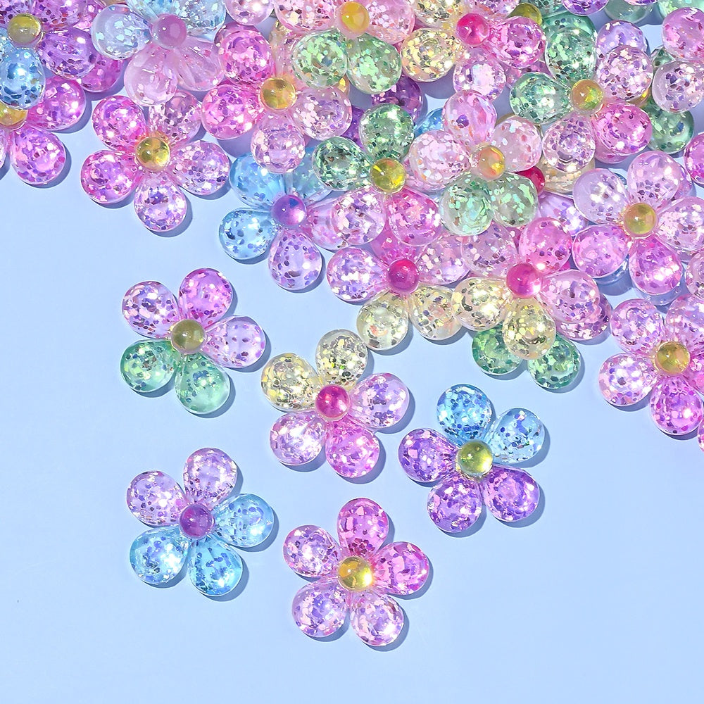10PCS 25mm Glitter Lucky Flower Resin Embellishment Set