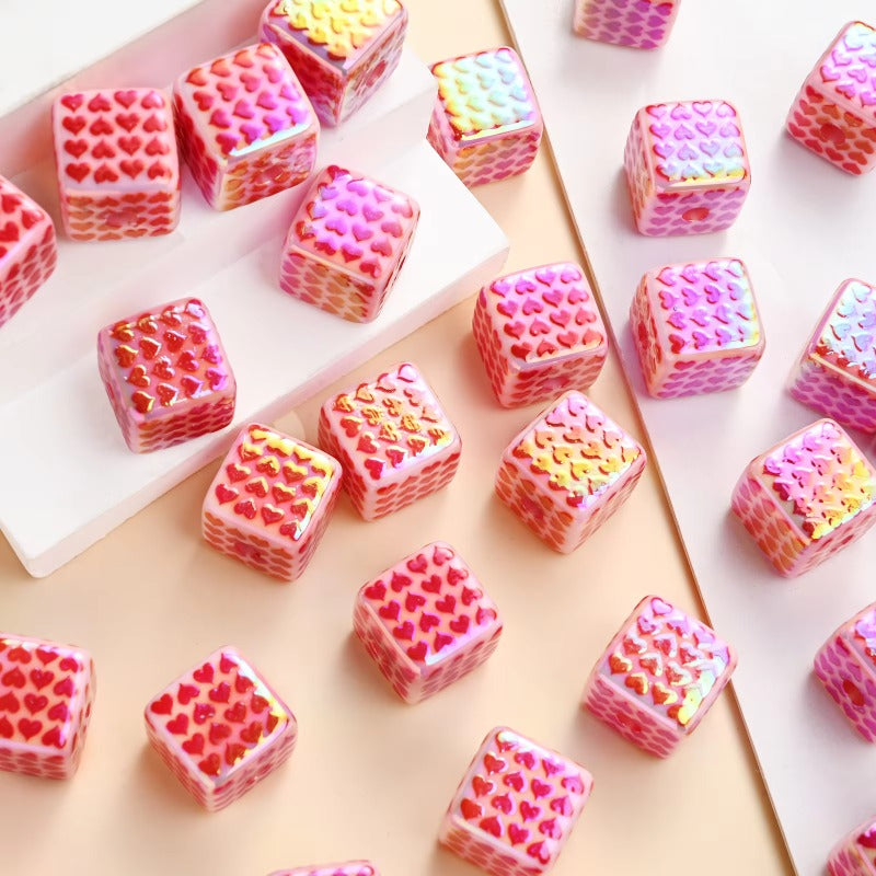 5pcs/set 15mm Heart-Print Acrylic Cube Beads