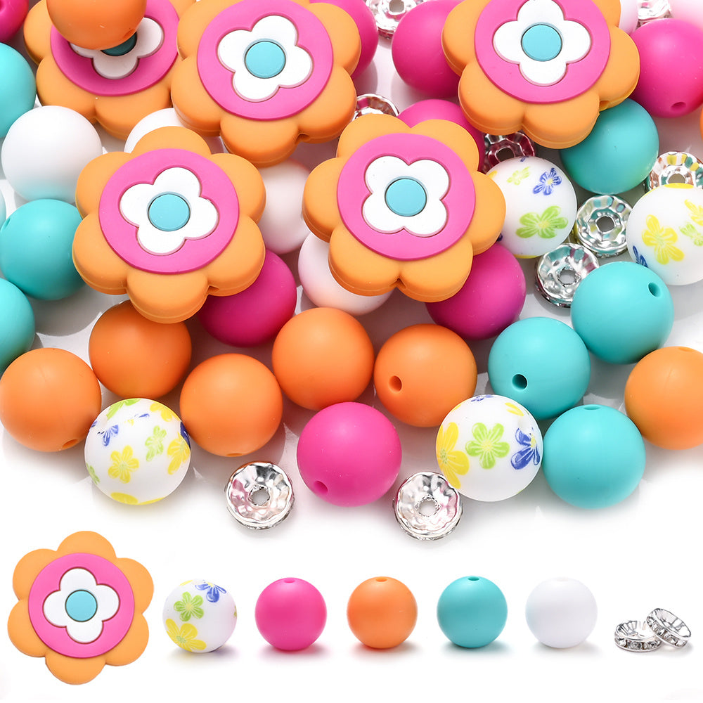 70pcs Flower Silicone Rhinestone Spacer Beads Set