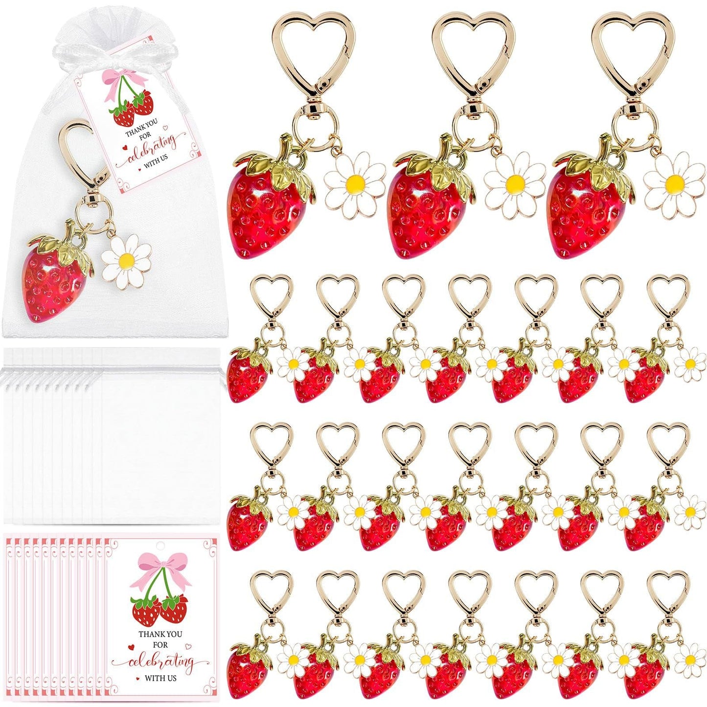 15PCS Red Strawberry Keychain Gift Set with Thank You Cards & Organza Bags