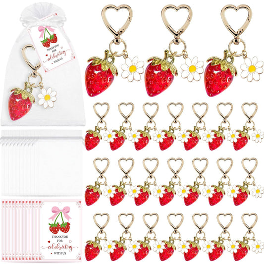15PCS Red Strawberry Keychain Gift Set with Thank You Cards & Organza Bags