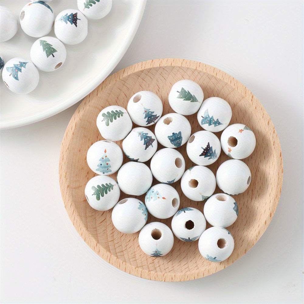 10pcs 16mm Christmas Tree Pattern Wooden Round Beads