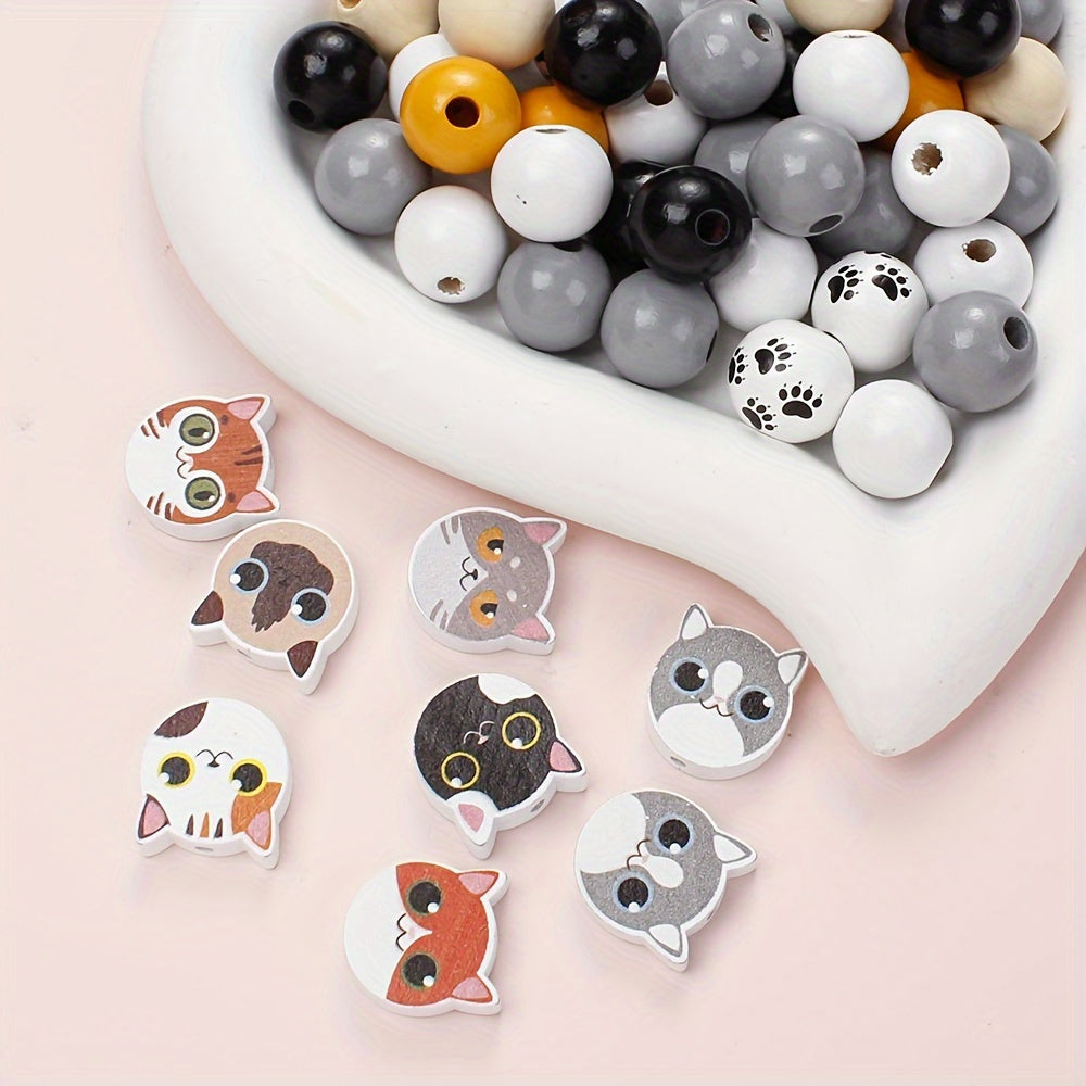 10/200pcs 16mm Cat Print Wooden Beads