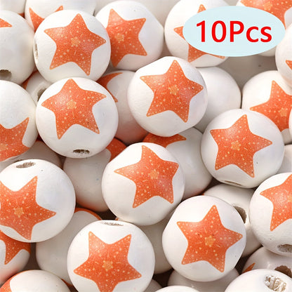 10PCS 16mm Beach-Themed Printed Wooden Bead Set