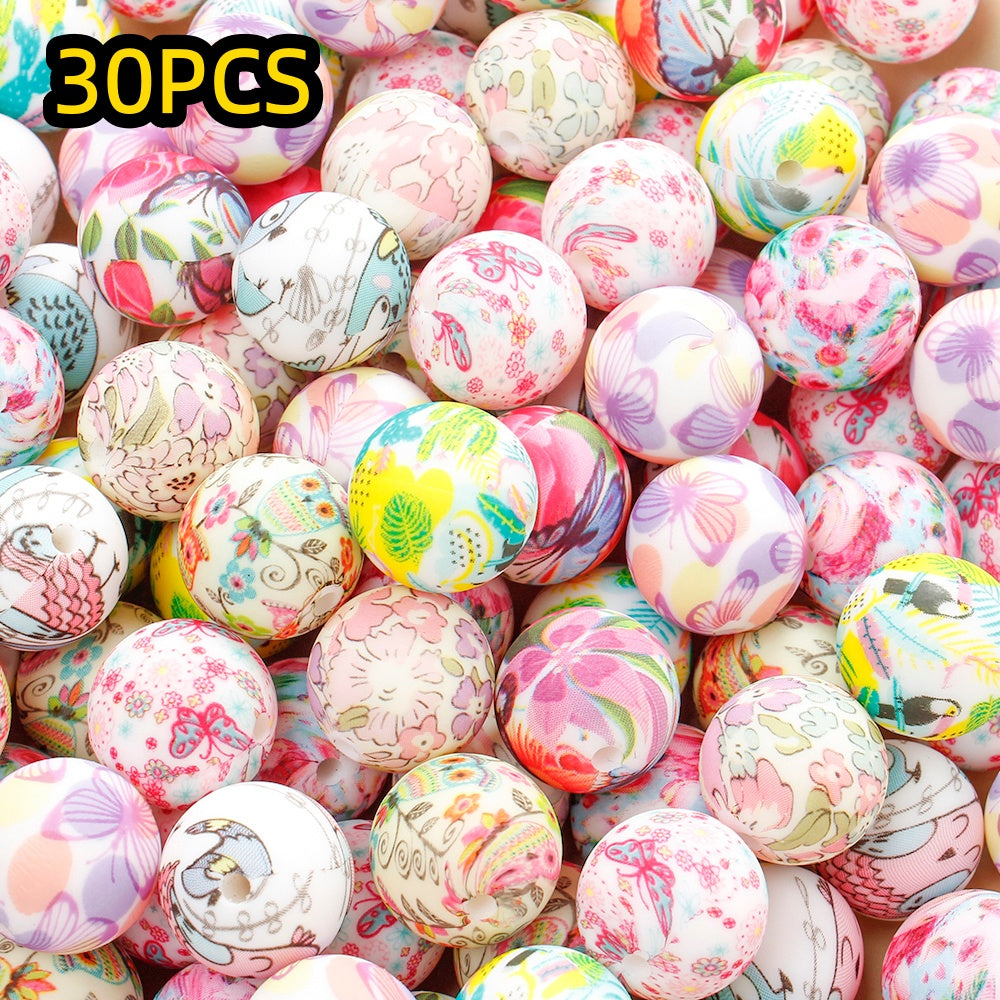 30/50pcs 15mm Floral Pattern Silicone Beads