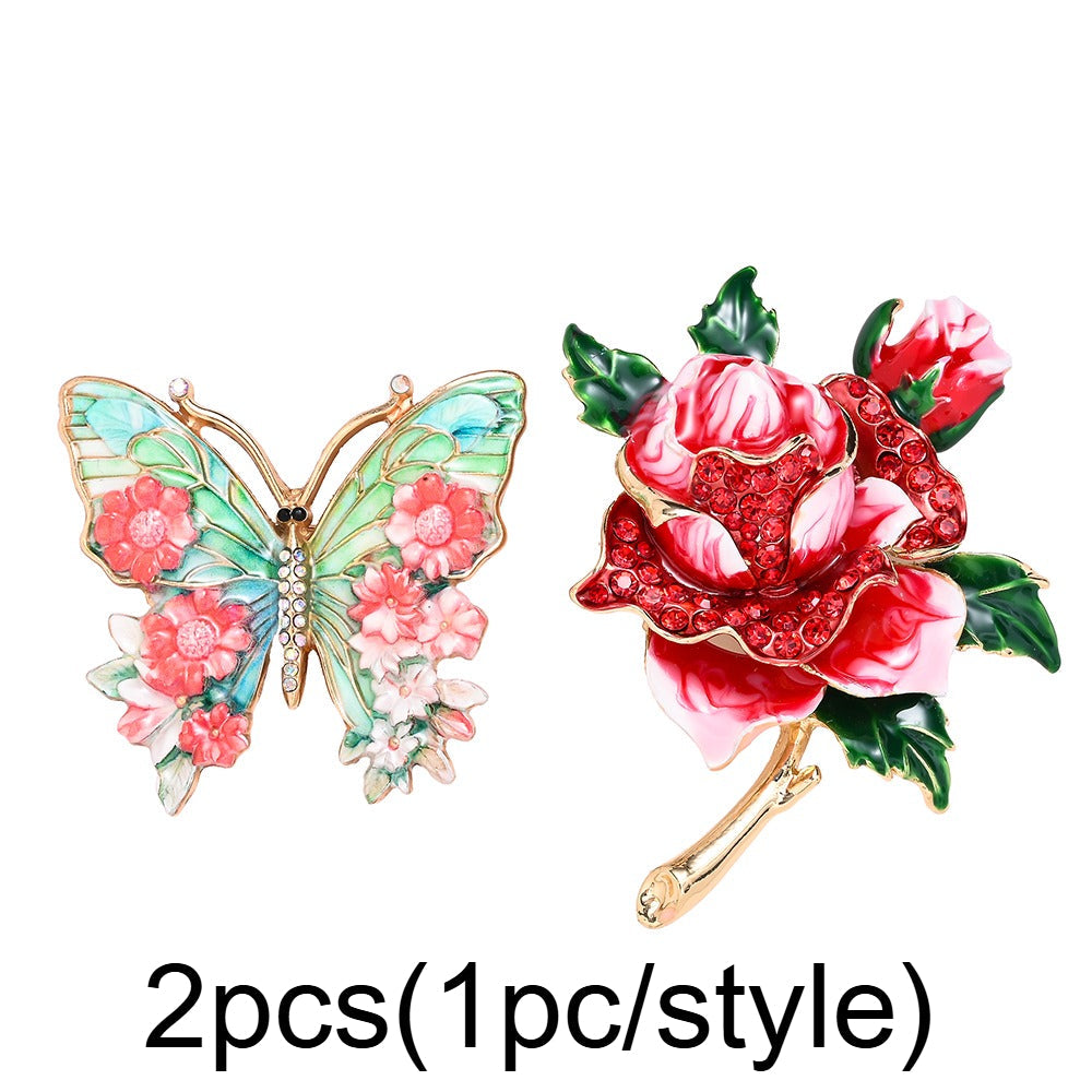 Butterfly & Rose Rhinestone Brooch Set