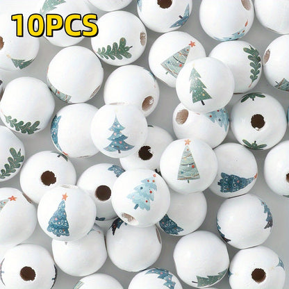 10pcs 16mm Christmas Tree Pattern Wooden Round Beads