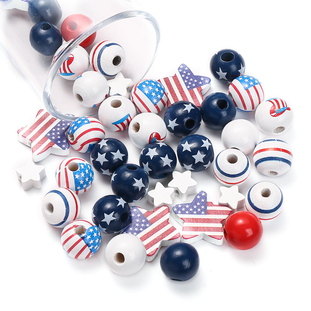 60pcs Patriotic Wood Beads