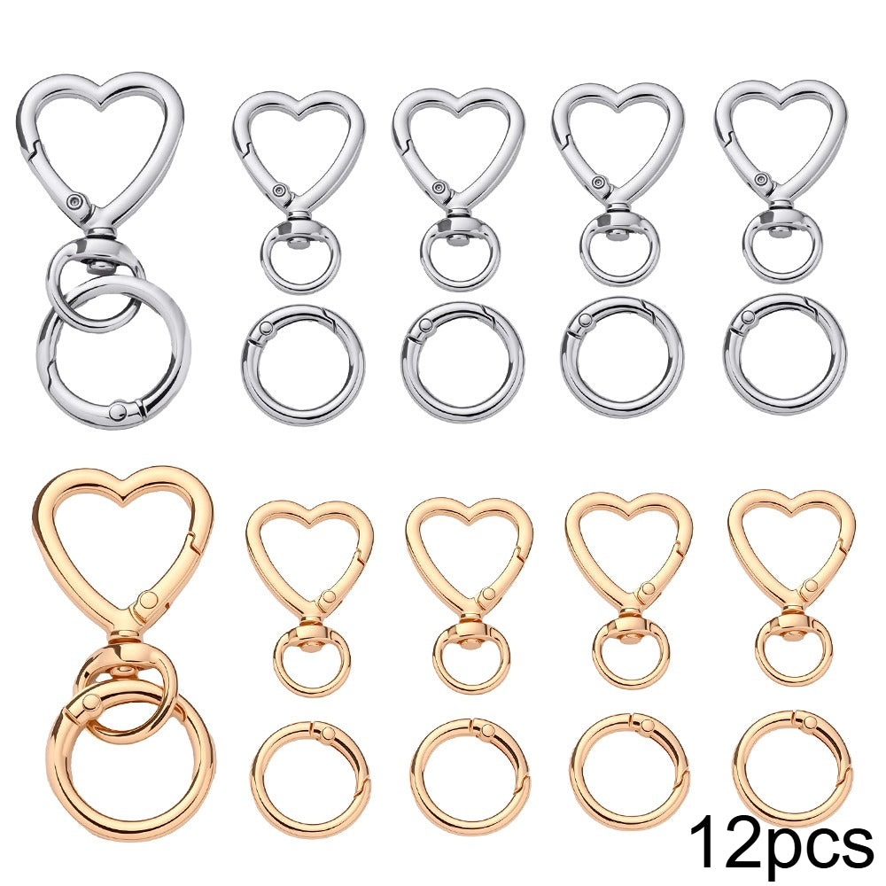 12 Pairs Heart & Round Double Buckle Keychain Set