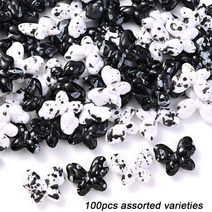 100/200pcs Star Heart Butterfly Beads Acrylic Black & White Graffiti