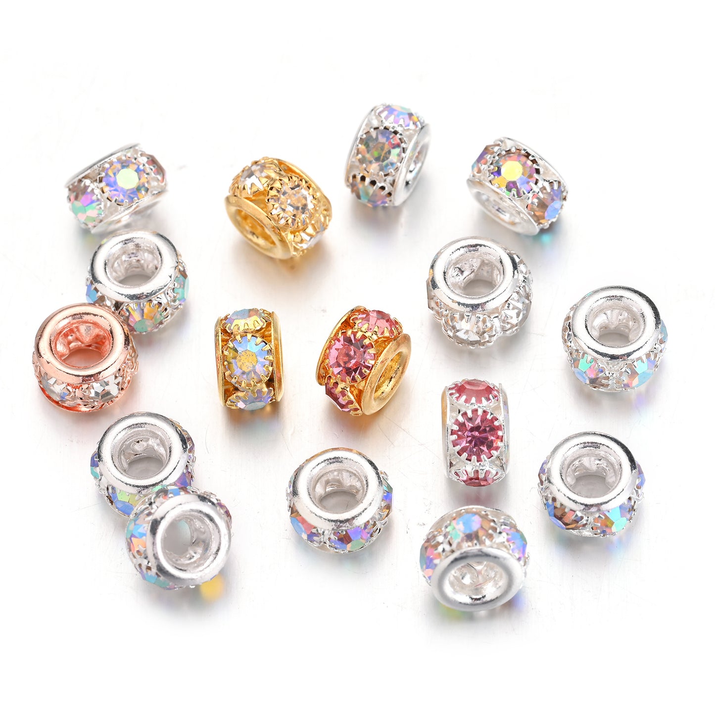 10pcs AB-Coated Large Hole Rhinestone Metal Spacer Beads