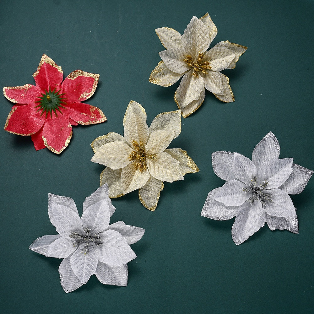 10PCS 13×13cm Gold & Red Glitter Christmas Flower Picks