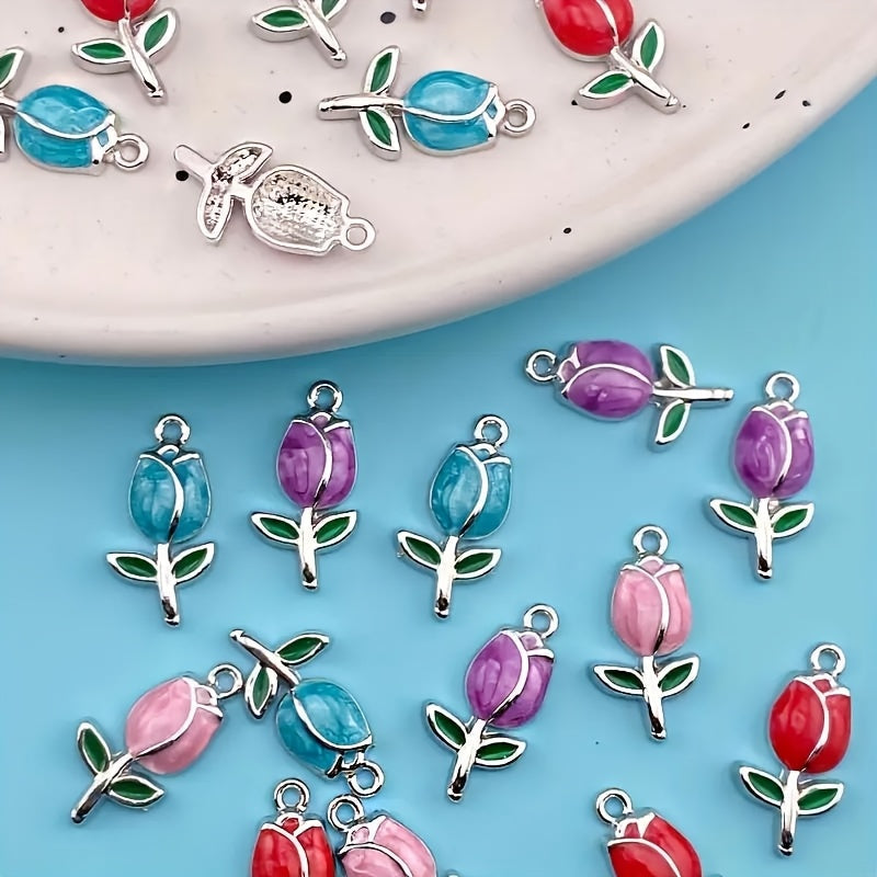 30-Piece Multicolor Tulip Drop-Oil Flower Charms