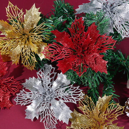10PCS 16cm Gold, Silver & Red Hollow Christmas Flower Set